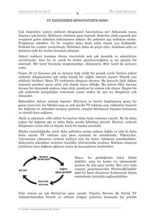 Araştırma Serisi No.9                                         Mor İnek Kavramı
¯¯¯¯¯¯¯¯¯¯¯¯¯¯¯¯¯¯¯¯¯¯¯¯¯¯¯¯¯¯¯¯¯¯      8    ¯¯¯¯¯¯¯¯¯¯¯¯¯¯¯¯¯¯¯¯¯¯¯¯¯¯¯¯¯¯¯¯¯¯
                   TV ENDÜSTRİSİ DÖNGÜSÜNÜN SONU


Çok eleştirilen 'askeri endüstri döngüsünü' hatırladınız mı? Arkasında yatan
düşünce çok basitti. Hükümet silahlara para harcadı. Şirketler silah yapmak için
vergilerle gelen dolarları hükümetten aldılar. Bu şirketler işçi istihdam ettiler.
Vergilerini ödediler. Ve bu vergiler daha fazla silah almak için kullanıldı.
Erdemli bir çember yaratılmıştı: Hükümet daha da güçlü oldu. İstihdam arttı ve
görünen oydu ki; herkes kazançlı çıkmıştı.
Askeri endüstri karması dünya üzerindeki pek çok hastalık ve sakatlıktan
sorumluydu, ama bu ne yazık ki önüne geçemeyeceğimiz iç içe geçmiş bir
sistemdi. Bir taraf büyüyüp zenginleştikçe, dolayısıyla öbür taraf da aynısını
yaptı.
Geçen 50 yıl boyunca çok az insanın fark ettiği bir gerçek vardı; birileri askeri
endüstri döngüsünden çok daha büyük bir sağlık sektörü yarattı (büyük yan
etkilerle birlikte). Buna TV endüstrisi döngüsü diyoruz. Bu konuyla ilgili dikkat
etmemiz gereken şeyse artık yok olmak üzere olduğu. Bu sistem fikri üzerine
devasa bir ekonomik makine inşa ettik, şimdiyse bu sistem yok oluyor. Bugün bir
çok şirketteki karışıklığın temelinde yatan neden de işte bu döngünün yok
olmasıdır.
Bahsedilen sistem aslında basittir: Büyüyen ve henüz kapılmamış geniş bir
pazar alanı bul, bir fabrika inşa et, çok sayıda TV reklamı yap, reklamlar başarılı
bir dağıtımı ve ardından satışları getirsin, satışlar fabrikanın hayatta kalmasını
ve sürekli karı sağlasın.
Akıllı iş adamları, elde edilen bu karları daha fazla reklama yatırdı. Bu da daha
yoğun bir dağıtım ağı ve daha fazla sayıda fabrikayı getirdi. Böylece, erdemli
döngümüz yerini aldı ve büyük, karlı bir marka yaratıldı.
Marka yaratıldığında, artık daha pahalıya satma imkanı doğdu ve tabi ki daha
fazla sayıda TV reklamı için para ayırmak da mümkündü. Tüketiciler,
'televizyona çıkma'nın ürünün kalitesi için bir kanıt olduğuna inandırıldılar,
dolayısıyla alacakları ürünleri öncelikle televizyonda aradılar. Reklamı olmayan
ürünlerse önce dağıtım ağlarını sonra da kazançlarını kaybettiler.


                                       Hayır, bu gördüğünüz roket bilimi
                                       değildir, ama bu kadar iyi işlemesinde
                                       kısmen de olsa payı vardır. Her yere kolu
                                       uzanan pazarlamacılar (Procter&Gamble
                                       gibi) bu basit düşünceyi kullanarak bütün
                                       sektörlerde üstünlük sağlayabildiler.




Eski sistem en çok Revlon'un işine yaradı. Charles Revson ilk büyük TV
reklamcılarından biriydi ve reklam rüzgarı şirketini dramatik bir şekilde

__________________________________________________________________
© WWW.MAXIMUMBILGI.COM
 