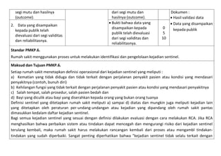 segi mutu dan hasilnya
(outcome).
2. Data yang disampaikan
kepada publik telah
dievaluasi dari segi validitas
dan reliabilitasnya.

dari segi mutu dan
hasilnya (outcome).
 Bukti bahwa data yang
disampaikan kepada
publik telah dievaluasi
dari segi validitas dan
reliabilitasnya.

0
5
10

Dokumen :
 Hasil validasi data
 Data yang disampaikan
kepada publik

Standar PMKP.6.
Rumah sakit menggunakan proses untuk melakukan identifikasi dan pengelolaan kejadian sentinel.
Maksud dan Tujuan PMKP.6.
Setiap rumah sakit menetapkan definisi operasional dari kejadian sentinel yang meliputi :
a) Kematian yang tidak diduga dan tidak terkait dengan perjalanan penyakit pasien atau kondisi yang mendasari
penyakitnya (contoh, bunuh diri)
b) Kehilangan fungsi yang tidak terkait dengan perjalanan penyakit pasien atau kondisi yang mendasari penyakitnya
c) Salah tempat, salah prosedur, salah pasien bedah dan
d) Bayi yang diculik atau bayi yang diserahkan kepada orang yang bukan orang tuanya
Definisi sentinel yang ditetapkan rumah sakit meliputi a) sampai d) diatas dan mungkin juga meliputi kejadian lain
yang ditetapkan oleh peraturan per-undang-undangan atau kejadian yang dipandang oleh rumah sakit pantas
dimasukkan kedalam daftar kejadian sentinel.
Bagi semua kejadian sentinel yang sesuai dengan definisi dilakukan evaluasi dengan cara melakukan RCA. Jika RCA
menghasilkan bahwa perbaikan sistem atau tindakan dapat mencegah dan mengurangi risiko dari kejadian sentinel
terulang kembali, maka rumah sakit harus melakukan rancangan kembali dari proses atau mengambl tindakantindakan yang sudah diperbaiki. Sangat penting diperhatikan bahwa ”kejadian sentinel tidak selalu terkait dengan

 