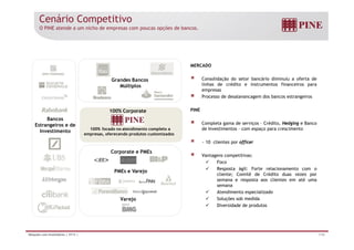 Cenário Competitivo 
O PINE atende a um nicho de empresas com poucas opções de bancos. 
MERCADO 
Consolidação do setor bancário diminuiu a oferta de 
linhas de crédito e instrumentos financeiros para 
empresas 
Processo de desalavancagem dos bancos estrangeiros 
Grandes Bancos 
Múltiplos 
PINE 
Completa gama de serviços – Crédito, Hedging e Banco 
100% Corporate 
Bancos 
p g ç , g g 
de Investimentos – com espaço para crescimento 
~ 10 clientes por officer 
100% focado no atendimento completo a 
empresas, oferecendo produtos customizados 
Corporate e PMEs 
Estrangeiros e de 
Investimento 
Vantagens competitivas: 
 Foco 
 Resposta ágil: Forte relacionamento com o 
cliente; Comitê de Crédito duas vezes por 
semana e resposta aos clientes em até uma 
PMEs e Varejo 
p 
semana 
 Atendimento especializado 
 Soluções sob medida 
 Diversidade de produtos 
Varejo 
Relações com Investidores | 3T13 | 7/36 
 