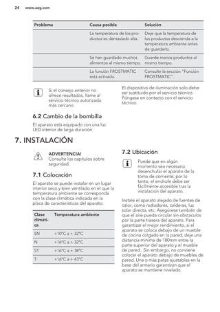 Problema Causa posible Solución
La temperatura de los pro-
ductos es demasiado alta.
Deje que la temperatura de
los productos descienda a la
temperatura ambiente antes
de guardarlo.
Se han guardado muchos
alimentos al mismo tiempo.
Guarde menos productos al
mismo tiempo.
La función FROSTMATIC
está activada.
Consulte la sección “Función
FROSTMATIC”.
Si el consejo anterior no
ofrece resultados, llame al
servicio técnico autorizado
más cercano.
6.2 Cambio de la bombilla
El aparato está equipado con una luz
LED interior de larga duración.
El dispositivo de iluminación solo debe
ser sustituido por el servicio técnico.
Póngase en contacto con el servicio
técnico.
7. INSTALACIÓN
ADVERTENCIA!
Consulte los capítulos sobre
seguridad.
7.1 Colocación
El aparato se puede instalar en un lugar
interior seco y bien ventilado en el que la
temperatura ambiente se corresponda
con la clase climática indicada en la
placa de características del aparato:
Clase
climáti-
ca
Temperatura ambiente
SN +10°C a + 32°C
N +16°C a + 32°C
ST +16°C a + 38°C
T +16°C a + 43°C
7.2 Ubicación
Puede que en algún
momento sea necesario
desenchufar el aparato de la
toma de corriente; por lo
tanto, el enchufe debe ser
fácilmente accesible tras la
instalación del aparato.
Instale el aparato alejado de fuentes de
calor, como radiadores, calderas, luz
solar directa, etc. Asegúrese también de
que el aire pueda circular sin obstáculos
por la parte trasera del aparato. Para
garantizar el mejor rendimiento, si el
aparato se coloca debajo de un mueble
de cocina colgado en la pared, deje una
distancia mínima de 100mm entre la
parte superior del aparato y el mueble
de pared . Sin embargo, no conviene
colocar el aparato debajo de muebles de
pared. Una o más patas ajustables en la
base del armario garantizan que el
aparato se mantiene nivelado.
www.aeg.com24
 