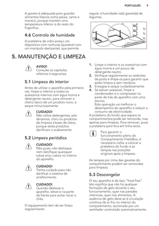 A gaveta é adequada para guardar
alimentos frescos como peixe, carne e
marisco, porque mantém uma
temperatura inferior à do resto do
frigorífico.
4.6 Controlo de humidade
A prateleira de vidro possui um
dispositivo com ranhuras (ajustável com
um manípulo deslizante), que permite
regular a humidade na(s) gaveta(s) de
legumes.
5. MANUTENÇÃO E LIMPEZA
AVISO!
Consulte os capítulos
relativos à segurança.
5.1 Limpeza do interior
Antes de utilizar o aparelho pela primeira
vez, limpe o interior e todos os
acessórios internos com água morna e
detergente neutro, para remover o
cheiro típico de um produto novo, e
seque minuciosamente.
CUIDADO!
Não utilize detergentes, pós
abrasivos, cloro ou produtos
de limpeza à base de óleos,
porque estes produtos
danificam o acabamento.
5.2 Limpeza periódica
CUIDADO!
Não puxe, não desloque,
nem danifique quaisquer
tubos e/ou cabos no interior
do aparelho.
CUIDADO!
Tenha cuidado para não
danificar o sistema de
arrefecimento.
CUIDADO!
Quando deslocar o
aparelho, eleve-o na parte
da frente para evitar riscar o
chão.
O equipamento tem de ser limpo
regularmente:
1. Limpe o interior e os acessórios com
água morna e um pouco de
detergente neutro.
2. Verifique regularmente os vedantes
da porta e limpe-os para garantir que
estão limpos e sem resíduos.
3. Enxagúe e seque cuidadosamente.
4. Se estiver acessível, limpe o
condensador e o compressor na
parte de trás do aparelho com uma
escova.
Esta operação vai melhorar o
desempenho do aparelho e reduzir o
consumo de electricidade.
A prateleira do fundo que separa os
compartimentos pode ser removida, mas
apenas para limpeza. Para remover, puxe
a prateleira para fora em linha recta.
Para garantir o
funcionamento pleno do
Compartimento FreshBox, é
necessário voltar a colocar a
prateleira do fundo e as
tampas nas posições
originais após a limpeza.
As tampas por cima das gavetas do
compartimento podem ser removidas
para limpeza.
5.3 Descongelar
O seu aparelho é do tipo “frost free”.
Isto significa que não há qualquer
formação de gelo durante o seu
funcionamento, quer nas paredes
interiores, quer nos alimentos. A
ausência de gelo deve-se à circulação
contínua de ar frio no interior do
compartimento, accionado por um
ventilador controlado automaticamente.
PORTUGUÊS 9
 