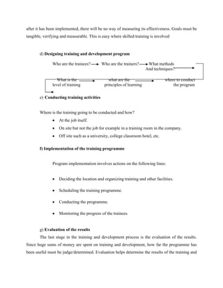 after it has been implemented, there will be no way of measuring its effectiveness. Goals must be
tangible, verifying and measurable. This is easy where skilled training is involved

d) Designing training and development program
Who are the trainees?

What is the
level of training

Who are the trainers?

What methods
And techniques?

what are the
principles of learning

where to conduct
the program

e) Conducting training activities

Where is the training going to be conducted and how?
At the job itself.
On site but not the job for example in a training room in the company.
Off site such as a university, college classroom hotel, etc.
f) Implementation of the training programme

Program implementation involves actions on the following lines:

Deciding the location and organizing training and other facilities.
Scheduling the training programme.
Conducting the programme.
Monitoring the progress of the trainees.

g) Evaluation of the results
The last stage in the training and development process is the evaluation of the results.
Since huge sums of money are spent on training and development, how far the programme has
been useful must be judge/determined. Evaluation helps determine the results of the training and

 