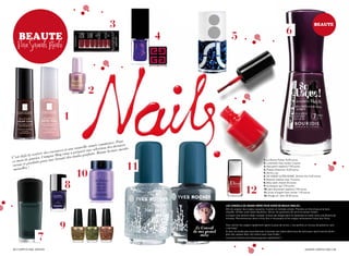 3                                                                                                                     bEaUtE
                                                                                                                                                             6
  bOUQUin
   bEaUtE                                                                         4                      5
   Par Sarah Riahi




                                                   2

                                  1

                                                                     . Pour
                                                              mmence
                                                     année co n des derniers
                                             nouvelle e sélectio
                                    s et une                           e mesde-
                      ée des vacance us a préparé un e. Bonne lectur
         jà la ren
                   tr          s mag vo         s parfait
C’est dé janvier, Campu beauté des main
          de                   e
ce mois roduits pour un
                                                                                                                                       1. La Roche posay 10,50 euros.

   rnis et p
                                                                            11
                                                                                                                                       2. Luminelle Yves rocher 3 euros
ve                                                                                                                                     3. Nail patch sephora 7,90 euros
           s!
 moiselle
                                          10
                                                                                                                                       4. please-givenchy 15,50 euros
                                                                                                                                       5. Vernis Las
                                                                                                                                       6. sO LAQuE uLTRA sHINE_Violine chic 9,65 euros.
                                                                                                                                       7. Beyond Jealous mac 13 euros


                                   8                                                                                                   8. Bleu satin chanel 20 euros


                                                                                                                      12
                                                                                                                                       9. burlesque-opi 7,90 euros
                                                                                                                                       10. bain dissolvant sephora 7,90 euros
                                                                                                                                       11. Eclat-d’argent Yves rocher 1,95 euros
                                                                                                                                       12. Rouge vif- Dior 20,90 euros


                                                                                                    les conseils de grAnd-mère pour Avoir de beAux ongles :
                                                                                                    Afin de soigner des ongles cassants, il existe un remède simple. prendre un litre d’eau et le faire
                                                                                                    chauffer. Arrêter juste avant ébullition. Verser dix grammes de sel et le laisser fondre.
                                                                                                    Lorsque l’eau devient tiède, tremper le bout des doigts dans la casserole et rester ainsi une dizaine de
                                                                                                    minutes. Recommencer deux à trois fois si nécessaire et les ongles retrouveront toute leur force.


                                9                                                      Le Conseil
                                                                                      de ma grand
                                                                                                    pour sécher les ongles rapidement après la pose de vernis, c’est parfois un vrai jeu de patience, tant
                                                                                                    c’est long !
                                                                                                    si vous ne voulez pas vous évertuer à secouer vos mains dans tous les sens pour que le vernis sèche


                  7                                                                       mère      plus vite, passez donc vos mains sous l’eau froide !
                                                                                                    Le vernis séchera ainsi beaucoup plus rapidement !



22 / cAmpus mAg JANVIER                                                                                                                                                       JANVIER cAmpus mAg / 23
 