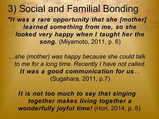 3) Social and Familial Bonding 
"It was a rare opportunity that she [mother] 
learned something from me, so she 
looked very happy when I taught her the 
song. (Miyamoto, 2011, p. 6) 
…she (mother) was happy because she could talk 
to me for a long time. Recently I have not called. 
It was a good communication for us… 
(Sugahara, 2011, p.7) 
It is not too much to say that singing 
together makes living together a 
wonderfully joyful time! (Hori, 2014, p. 5) 
 