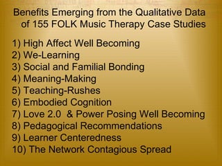 Benefits Emerging from the Qualitative Data 
of 155 FOLK Music Therapy Case Studies 
1) High Affect Well Becoming 
2) We-Learning 
3) Social and Familial Bonding 
4) Meaning-Making 
5) Teaching-Rushes 
6) Embodied Cognition 
7) Love 2.0 & Power Posing Well Becoming 
8) Pedagogical Recommendations 
9) Learner Centeredness 
10) The Network Contagious Spread 
 