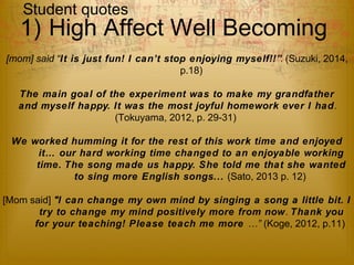 Student quotes 
1) High Affect Well Becoming 
[mom] said “It is just fun! I can’t stop enjoying myself!!”. (Suzuki, 2014, 
p.18) 
The main goal of the experiment was to make my grandfather 
and myself happy. It was the most joyful homework ever I had. 
(Tokuyama, 2012, p. 29-31) 
We worked humming it for the rest of this work time and enjoyed 
it… our hard working time changed to an enjoyable working 
time. The song made us happy. She told me that she wanted 
to sing more English songs... (Sato, 2013 p. 12) 
[Mom said] "I can change my own mind by singing a song a little bit. I 
try to change my mind positively more from now. Thank you 
for your teaching! Please teach me more …” (Koge, 2012, p.11) 
 