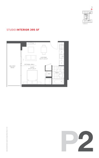 N

+
02

FLOORS: 2-8

studio Interior 395 SF

LIVE/DINE
16'-0" x 10'-0"
F

OPTIONAL WALL
BALCONY
108 SF

SLEEP
10'-0" x 8'-2"

Sizes and specifications subject to change without notice. E. + O. E.

W/D

BATH

P2

 