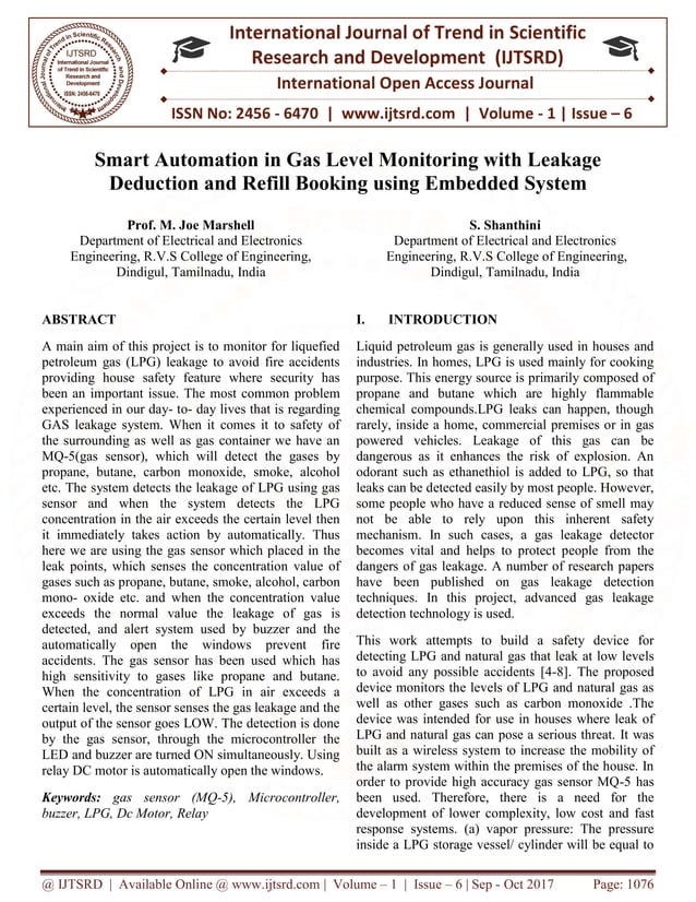 Smart Automation Gas Level Monitoring with Gas Leakage Deduction and ...