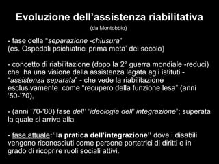 1212
- fase della “separazione -chiusura”
(es. Ospedali psichiatrici prima meta’ del secolo)
- concetto di riabilitazione (dopo la 2° guerra mondiale -reduci)
che ha una visione della assistenza legata agli istituti -
“assistenza separata” - che vede la riabilitazione
esclusivamente come “recupero della funzione lesa” (anni
‘50-’70),
- (anni ‘70-‘80) fase dell’ ”ideologia dell’ integrazione”; superata
la quale si arriva alla
- fase attuale:”la pratica dell’integrazione” dove i disabili
vengono riconosciuti come persone portatrici di diritti e in
grado di ricoprire ruoli sociali attivi.
Evoluzione dell’assistenza riabilitativa
(da Montobbio)
 