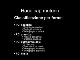Handicap motorio
Classificazione per forme
• PCI spastica
Emiplegia spastica
Diplegia spastica
Tetraplegia spastica
• PCI atassica
Atassia congenita
Diplegia atassica
• PCI extrapiramidale
II diarchia
Distonia di torsione
Tetraplegia distonica
Tetraplegia atetosica
• PCI mista
 