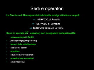 3
Sedi e operatori
La Struttura di Neuropsichiatria Infantile svolge attività su tre poli:La Struttura di Neuropsichiatria Infantile svolge attività su tre poli:
⇒ SERVIZIO di RapalloSERVIZIO di Rapallo
⇒ SERVIZIO di LavagnaSERVIZIO di Lavagna
⇒ SERVIZIO di Sestri LevanteSERVIZIO di Sestri Levante
Sono in servizioSono in servizio 3737 operatori con le seguenti professionalità:operatori con le seguenti professionalità:
- neuropsichiatri infantilineuropsichiatri infantili
- psicopedagogistipsicopedagogisti psicologipsicologi
- tecnici della riabilitazionetecnici della riabilitazione
- assistentiassistenti socialisociali
- ortottistaortottista
- educatorieducatori professionaliprofessionali
- operatori socio sanitarioperatori socio sanitari
- amministrativiamministrativi
 