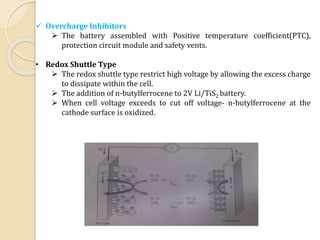  Overcharge Inhibitors
 The battery assembled with Positive temperature coefficient(PTC),
protection circuit module and safety vents.
• Redox Shuttle Type
 The redox shuttle type restrict high voltage by allowing the excess charge
to dissipate within the cell.
 The addition of n-butylferrocene to 2V Li/TiS2 battery.
 When cell voltage exceeds to cut off voltage- n-butylferrocene at the
cathode surface is oxidized.
 