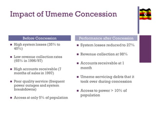 Impact of Umeme Concession
 High system losses (35% to
40%)
 Low revenue collection rates
(65% in 1996/97)
 High accounts receivable (7
months of sales in 1997)
 Poor quality service (frequent
power outages and system
breakdowns)
 Access at only 5% of population
 System losses reduced to 27%
 Revenue collection at 98%
 Accounts receivable at 1
month
 Umeme servicing debts that it
took over during concession
 Access to power > 10% of
population
Before Concession Performance after Concession
 