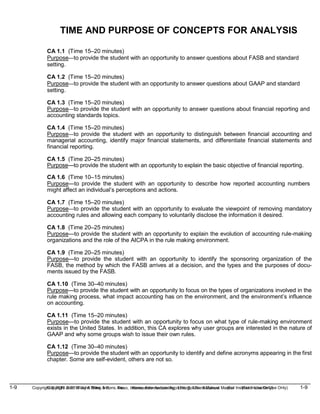 1-9 Copyright © 2019 John Wiley & Sons, Inc. Kieso, Intermediate Accounting, 17/e, Solutions Manual (For Instructor Use Only)
(For Instructor Use Only) 1-9
Copyright © 2019 John Wiley & Sons, Inc. Kieso, Intermediate Accounting, 17/e, Solutions Manual
TIME AND PURPOSE OF CONCEPTS FOR ANALYSIS
CA 1.1 (Time 15–20 minutes)
Purpose—to provide the student with an opportunity to answer questions about FASB and standard
setting.
CA 1.2 (Time 15–20 minutes)
Purpose—to provide the student with an opportunity to answer questions about GAAP and standard
setting.
CA 1.3 (Time 15–20 minutes)
Purpose—to provide the student with an opportunity to answer questions about financial reporting and
accounting standards topics.
CA 1.4 (Time 15–20 minutes)
Purpose—to provide the student with an opportunity to distinguish between financial accounting and
managerial accounting, identify major financial statements, and differentiate financial statements and
financial reporting.
CA 1.5 (Time 20–25 minutes)
Purpose—to provide the student with an opportunity to explain the basic objective of financial reporting.
CA 1.6 (Time 10–15 minutes)
Purpose—to provide the student with an opportunity to describe how reported accounting numbers
might affect an individual’s perceptions and actions.
CA 1.7 (Time 15–20 minutes)
Purpose—to provide the student with an opportunity to evaluate the viewpoint of removing mandatory
accounting rules and allowing each company to voluntarily disclose the information it desired.
CA 1.8 (Time 20–25 minutes)
Purpose—to provide the student with an opportunity to explain the evolution of accounting rule-making
organizations and the role of the AICPA in the rule making environment.
CA 1.9 (Time 20–25 minutes)
Purpose—to provide the student with an opportunity to identify the sponsoring organization of the
FASB, the method by which the FASB arrives at a decision, and the types and the purposes of docu-
ments issued by the FASB.
CA 1.10 (Time 30–40 minutes)
Purpose—to provide the student with an opportunity to focus on the types of organizations involved in the
rule making process, what impact accounting has on the environment, and the environment’s influence
on accounting.
CA 1.11 (Time 15–20 minutes)
Purpose—to provide the student with an opportunity to focus on what type of rule-making environment
exists in the United States. In addition, this CA explores why user groups are interested in the nature of
GAAP and why some groups wish to issue their own rules.
CA 1.12 (Time 30–40 minutes)
Purpose—to provide the student with an opportunity to identify and define acronyms appearing in the first
chapter. Some are self-evident, others are not so.
 