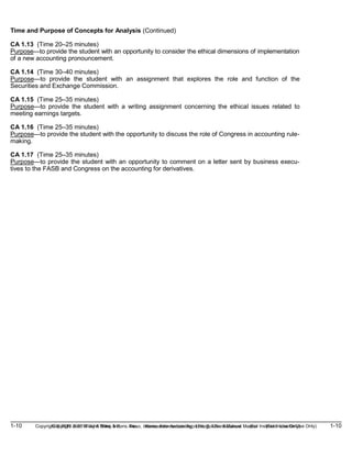 1-10 Copyright © 2019 John Wiley & Sons, Inc. Kieso, Intermediate Accounting, 17/e, Solutions Manual (For Instructor Use Only)
(For Instructor Use Only) 1-10
Copyright © 2019 John Wiley & Sons, Inc. Kieso, Intermediate Accounting, 17/e, Solutions Manual
Time and Purpose of Concepts for Analysis (Continued)
CA 1.13 (Time 20–25 minutes)
Purpose—to provide the student with an opportunity to consider the ethical dimensions of implementation
of a new accounting pronouncement.
CA 1.14 (Time 30–40 minutes)
Purpose—to provide the student with an assignment that explores the role and function of the
Securities and Exchange Commission.
CA 1.15 (Time 25–35 minutes)
Purpose—to provide the student with a writing assignment concerning the ethical issues related to
meeting earnings targets.
CA 1.16 (Time 25–35 minutes)
Purpose—to provide the student with the opportunity to discuss the role of Congress in accounting rule-
making.
CA 1.17 (Time 25–35 minutes)
Purpose—to provide the student with an opportunity to comment on a letter sent by business execu-
tives to the FASB and Congress on the accounting for derivatives.
 