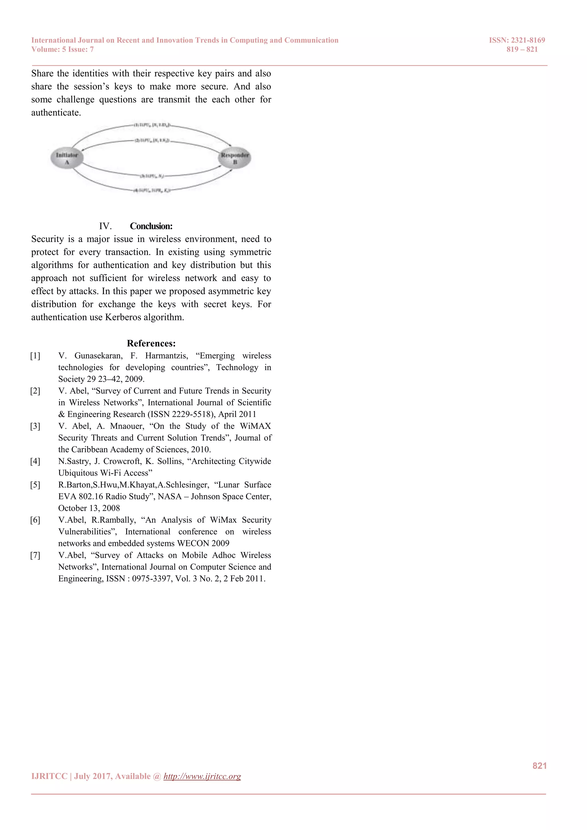 International Journal on Recent and Innovation Trends in Computing and Communication ISSN: 2321-8169 Volume: 5 Issue: 7 819 – 821 _______________________________________________________________________________________________ 821 IJRITCC | July 2017, Available @ http://www.ijritcc.org _______________________________________________________________________________________ Share the identities with their respective key pairs and also share the session’s keys to make more secure. And also some challenge questions are transmit the each other for authenticate. IV. Conclusion: Security is a major issue in wireless environment, need to protect for every transaction. In existing using symmetric algorithms for authentication and key distribution but this approach not sufficient for wireless network and easy to effect by attacks. In this paper we proposed asymmetric key distribution for exchange the keys with secret keys. For authentication use Kerberos algorithm. References: [1] V. Gunasekaran, F. Harmantzis, “Emerging wireless technologies for developing countries”, Technology in Society 29 23–42, 2009. [2] V. Abel, “Survey of Current and Future Trends in Security in Wireless Networks”, International Journal of Scientific & Engineering Research (ISSN 2229-5518), April 2011 [3] V. Abel, A. Mnaouer, “On the Study of the WiMAX Security Threats and Current Solution Trends”, Journal of the Caribbean Academy of Sciences, 2010. [4] N.Sastry, J. Crowcroft, K. Sollins, “Architecting Citywide Ubiquitous Wi-Fi Access” [5] R.Barton,S.Hwu,M.Khayat,A.Schlesinger, “Lunar Surface EVA 802.16 Radio Study”, NASA – Johnson Space Center, October 13, 2008 [6] V.Abel, R.Rambally, “An Analysis of WiMax Security Vulnerabilities”, International conference on wireless networks and embedded systems WECON 2009 [7] V.Abel, “Survey of Attacks on Mobile Adhoc Wireless Networks”, International Journal on Computer Science and Engineering, ISSN : 0975-3397, Vol. 3 No. 2, 2 Feb 2011. 
