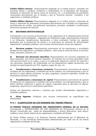 Crédito Público Interno: Financiamiento originado en el crédito interno, contraído con
personas físicas o jurídicas residentes o domiciliadas en la República del Paraguay,
mediante la colocación de bonos, letras de tesorería, etc. o el desembolso de préstamos
contratados directamente por el Estado y que la Tesorería General transfiere a los
organismos y entidades públicas.
Crédito Público Externo: Financiamiento originado en el crédito externo, colocación de
bonos u obtención de préstamos contratados directamente por el Estado con organismos
multilaterales de crédito, con gobiernos extranjeros, personas, entidades o instituciones
financieras privadas del exterior.
30 RECURSOS INSTITUCIONALES
Corresponde a los recursos pertenecientes a los organismos de la Administración Central
y Entidades Descentralizadas, originados por disposición legal, coparticipación tributaria
y no tributaria, transferencias, donaciones u otros conceptos. Incluye los ingresos
generados por la producción de bienes o la prestación de servicios de determinados
organismos o entidades públicas. Los recursos institucionales tienen dos orígenes:
a) Recursos propios: Financiamiento proveniente de las operaciones y actividades
propias de los organismos y entidades públicas, tales como la venta de bienes y servicios,
tasas, aranceles, cánones, etc.
b) Recursos con afectación específica: Financiamiento con recursos originados en
leyes especiales, que tienen destino específico. Se incluyen los recursos generados como
recursos del tesoro en su origen, y que en la aplicación adquieren carácter de especial o
con afectación específica, de conformidad con las disposiciones legales pertinentes, por
ejemplo la coparticipación por IVA, regalías, juegos de azar, etc.
c) Transferencias y donaciones corrientes: Financiamiento proveniente de aportes
recibidos por los organismos y entidades del sector público, sin contraprestación y que se
destinan a cubrir gastos corrientes, un plan, programa o proyecto específico. Incluye las
donaciones internas o externas.
d) Transferencias y donaciones de capital: Financiamiento proveniente de aportes
recibidos por los organismos y entidades del sector público, sin contraprestación y que se
deben destinar solamente a gastos de capital, requeridos para la ejecución de planes,
programas, proyectos y/o inversiones específicas.
Incluye las donaciones internas y externas que reciben determinados organismos y
entidades públicas.
e) Otros Ingresos: Cualquier otro recurso institucional no especificado con
anterioridad.
IV.8.1. CLASIFICACION DE LOS INGRESOS DEL TESORO PÚBLICO
01.TESORO PÚBLICO (INGRESOS DEL PRESUPUESTO GENERAL DE LA NACION):
Corresponde a ESTIMACIONES DE LOS INGRESOS del Presupuesto General de la
Nación, Constituido por todas las disponibilidades y activos financieros, sean dinero,
créditos y otros títulos-valores de los organismos y entidades del Estado.
El Tesoro Público incluye a la Tesorería General, administrada por el Ministerio de
Hacienda, y a las Tesorerías Institucionales administradas por cada uno de los demás
organismos y entidades del Estado.
Contabilidad Gubernamental y Presupuesto 35
 