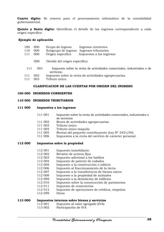 Cuarto dígito: Se reserva para el procesamiento informático de la contabilidad
gubernamental.
Quinto y Sexto dígito: Identifican el detalle de los ingresos correspondiente a cada
origen específico.
Ejemplo de aplicación
100 000 Grupo de ingreso Ingresos corrientes
110 000 Subgrupo de ingreso Ingresos tributarios
111 000 Origen específico Impuestos a los ingresos
000 Detalle del origen específico:
111 001 Impuesto sobre la renta de actividades comerciales, industriales o de
servicios;
111 002 Impuesto sobre la renta de actividades agropecuarias.
111 003 Tributo único.
CLASIFICACION DE LAS CUENTAS POR ORIGEN DEL INGRESO
100 000 INGRESOS CORRIENTES
110 000 INGRESOS TRIBUTARIOS
111 000 Impuestos a los ingresos
111 001 Impuesto sobre la renta de actividades comerciales, industriales o
de servicios
111 002 Renta de actividades agropecuarias
111 003 Tributo único
111 004 Tributo único maquila
111 005 Rentas del pequeño contribuyente (Ley Nº 2421/04).
111 006 Impuestos a la renta del servicio de carácter personal.
112 000 Impuestos sobre la propiedad
112 001 Impuesto inmobiliario
112 002 Revalúo de activos fijos
112 003 Impuesto adicional a los baldíos
112 004 Impuesto de patente de rodados
112 005 Impuesto a la construcción o edilicio
112 006 Impuesto al fraccionamiento de la tierra
112 007 Impuesto a la transferencia de bienes raíces
112 008 Impuesto a la propiedad de animales
112 009 Impuesto a la demolición de edificios
112 010 Impuesto sobre la construcción de pavimentos
112 011 Impuesto de cementerios
112 012 Impuesto de operaciones de créditos, empeños
112 099 Otros
113 000 Impuestos internos sobre bienes y servicios
113 001 Impuesto al valor agregado (IVA)
113 002 Participación de IVA
Contabilidad Gubernamental y Presupuesto 38
 