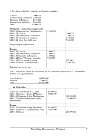 4- Se efectúa obligación y pagos en los siguientes conceptos:
Viáticos 2.000.000
Combustibles y Lubricantes 2.500.000
Elementos de Limpieza 1.500.000
Reparación de Vehículos 7.000.000
Total 13.000.000
Obligación y Afectación presupuestaria
321.02.00 Gastos en Ser. No Personales
411.02.03 Viáticos
411.03.69 Combustibles y Lubricantes
411.03.41 Elementos de Limpieza
411.02.44 Mant. Rep. Vehículos
Obligación por compras varias
13.000.000
2.000.000
2.500.000
1.500.000
7.000.000
Egresos
411.02.03 Viáticos
411.03.69 Combustibles y Lubricantes
411.03.41 Elementos de Limpieza
411.02.44 Mant. Y Reparac. Vehículos
561.01.03 Retenciones Efectuadas
211.04.02 Banco Cta Administrativa
Pagos de bienes y servicios
2.000.000
2.500.000
1.500.000
7.000.000
937.500
12.062.500
5- La Dirección del Tesoro nos informa que han sido abonados los servicios de la Deuda Pública
Externa en la siguiente forma:
Amortizaciones 180.000.000
Intereses 77.000.000
Total 257.000.000
a) Obligación:
321.05.00 Actualización de la Deuda
323.01.00 Intereses y Comis. DP Exerna
421.03.00 Prestamos de Org. Multilaterales
411.07.21 Interés de la deuda de los Org.
Multilaterales
180.000.000
77.000.000
180.000.000
77.000.000
Egreso
421.03.00 Prestamos de Org. Multilateral
411.07.21 Inter de la Deuda con Org. Multi
211.04.00 Bancos
180.000.000
77.000.000
257.000.000
Contabilidad Gubernamental y Presupuesto 91
 
