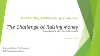 AFP-GLAC Regional Philanthropy Conference
The Challenge of Raising Money
Understanding what foundations want
September 10, 2015
Cristina Gallegos, Vice President
JMC Philanthropic Advisors
 