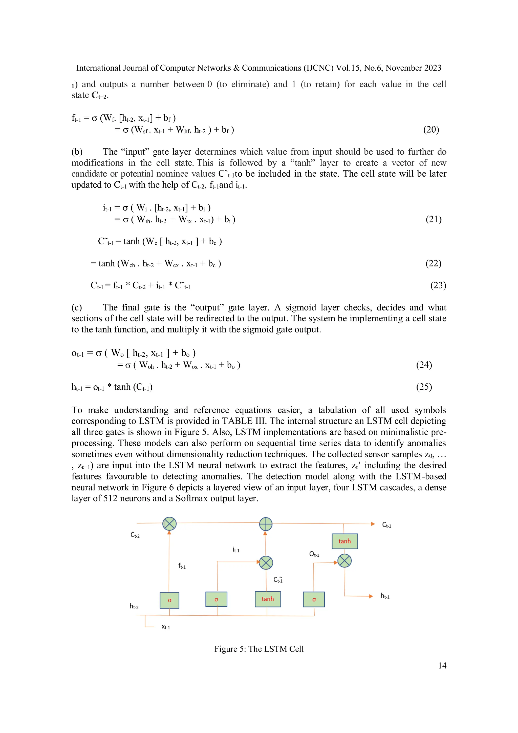 International Journal of Computer Networks & Communications (IJCNC) Vol.15, No.6, November 2023
14
1) and outputs a number between 0 (to eliminate) and 1 (to retain) for each value in the cell
state Ct−2.
ft-1 =  (Wf. [ht-2, xt-1] + bf )
=  (Wsf . xt-1 + Whf. ht-2 ) + bf ) (20)
(b) The “input” gate layer determines which value from input should be used to further do
modifications in the cell state. This is followed by a “tanh” layer to create a vector of new
candidate or potential nominee values C˜t-1to be included in the state. The cell state will be later
updated to Ct-1 with the help of Ct-2, ft-1and it-1.
it-1 =  ( Wi . [ht-2, xt-1] + bi )
=  ( Wih. ht-2 + Wix . xt-1) + bi ) (21)
C˜t-1 = tanh (Wc [ ht-2, xt-1 ] + bc )
= tanh (Wch . ht-2 + Wcx . xt-1 + bc ) (22)
Ct-1 = ft-1 * Ct-2 + it-1 * C˜t-1 (23)
(c) The final gate is the “output” gate layer. A sigmoid layer checks, decides and what
sections of the cell state will be redirected to the output. The system be implementing a cell state
to the tanh function, and multiply it with the sigmoid gate output.
ot-1 =  ( Wo [ ht-2, xt-1 ] + bo )
=  ( Woh . ht-2 + Wox . xt-1 + bo ) (24)
ht-1 = ot-1 * tanh (Ct-1) (25)
To make understanding and reference equations easier, a tabulation of all used symbols
corresponding to LSTM is provided in TABLE III. The internal structure an LSTM cell depicting
all three gates is shown in Figure 5. Also, LSTM implementations are based on minimalistic pre-
processing. These models can also perform on sequential time series data to identify anomalies
sometimes even without dimensionality reduction techniques. The collected sensor samples z0, …
, z𝑡−1) are input into the LSTM neural network to extract the features, zt’ including the desired
features favourable to detecting anomalies. The detection model along with the LSTM-based
neural network in Figure 6 depicts a layered view of an input layer, four LSTM cascades, a dense
layer of 512 neurons and a Softmax output layer.
Figure 5: The LSTM Cell
 