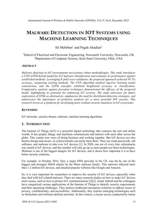 MALWARE DETECTION IN IOT SYSTEMS USING MACHINE LEARNING TECHNIQUES | PDF