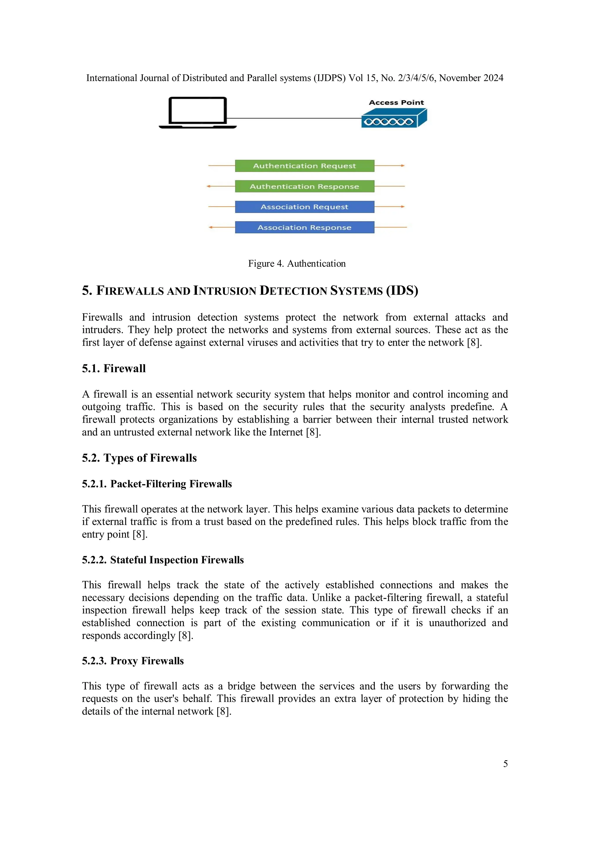 International Journal of Distributed and Parallel systems (IJDPS) Vol 15, No. 2/3/4/5/6, November 2024
5
Figure 4. Authentication
5. FIREWALLS AND INTRUSION DETECTION SYSTEMS (IDS)
Firewalls and intrusion detection systems protect the network from external attacks and
intruders. They help protect the networks and systems from external sources. These act as the
first layer of defense against external viruses and activities that try to enter the network [8].
5.1. Firewall
A firewall is an essential network security system that helps monitor and control incoming and
outgoing traffic. This is based on the security rules that the security analysts predefine. A
firewall protects organizations by establishing a barrier between their internal trusted network
and an untrusted external network like the Internet [8].
5.2. Types of Firewalls
5.2.1. Packet-Filtering Firewalls
This firewall operates at the network layer. This helps examine various data packets to determine
if external traffic is from a trust based on the predefined rules. This helps block traffic from the
entry point [8].
5.2.2. Stateful Inspection Firewalls
This firewall helps track the state of the actively established connections and makes the
necessary decisions depending on the traffic data. Unlike a packet-filtering firewall, a stateful
inspection firewall helps keep track of the session state. This type of firewall checks if an
established connection is part of the existing communication or if it is unauthorized and
responds accordingly [8].
5.2.3. Proxy Firewalls
This type of firewall acts as a bridge between the services and the users by forwarding the
requests on the user's behalf. This firewall provides an extra layer of protection by hiding the
details of the internal network [8].
 