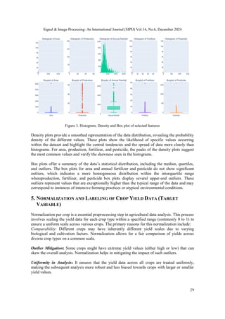 Signal & Image Processing: An International Journal (SIPIJ) Vol.16, No.6, December 2024
29
Figure 3. Histogram, Density and Box plot of selected features
Density plots provide a smoothed representation of the data distribution, revealing the probability
density of the different values. These plots show the likelihood of specific values occurring
within the dataset and highlight the central tendencies and the spread of data more clearly than
histograms. For area, production, fertilizer, and pesticide, the peaks of the density plots suggest
the most common values and verify the skewness seen in the histograms.
Box plots offer a summary of the data’s statistical distribution, including the median, quartiles,
and outliers. The box plots for area and annual fertilizer and pesticide do not show significant
outliers, which indicates a more homogeneous distribution within the interquartile range
whereproduction, fertilizer, and pesticide box plots display several upper-end outliers. These
outliers represent values that are exceptionally higher than the typical range of the data and may
correspond to instances of intensive farming practices or atypical environmental conditions.
5. NORMALIZATION AND LABELING OF CROP YIELD DATA (TARGET
VARIABLE)
Normalization per crop is a essential preprocessing step in agricultural data analysis. This process
involves scaling the yield data for each crop type within a specified range (commonly 0 to 1) to
ensure a uniform scale across various crops. The primary reasons for this normalization include:
Comparability: Different crops may have inherently different yield scales due to varying
biological and cultivation factors. Normalization allows for a fair comparison of yields across
diverse crop types on a common scale.
Outlier Mitigation: Some crops might have extreme yield values (either high or low) that can
skew the overall analysis. Normalization helps in mitigating the impact of such outliers.
Uniformity in Analysis: It ensures that the yield data across all crops are treated uniformly,
making the subsequent analysis more robust and less biased towards crops with larger or smaller
yield values.
 