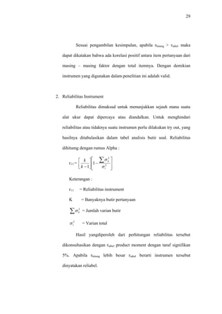 29
Sesuai pengambilan kesimpulan, apabila rhitung > rtabel maka
dapat dikatakan bahwa ada korelasi positif antara item pertanyaan dari
masing – masing faktor dengan total itemnya. Dengan demikian
instrumen yang digunakan dalam penelitian ini adalah valid.
2. Reliabilitas Instrument
Reliabilitas dimaksud untuk menunjukkan sejauh mana suatu
alat ukur dapat dipercaya atau diandalkan. Untuk menghindari
reliabilitas atau tidaknya suatu instrumen perlu dilakukan try out, yang
hasilnya ditabulasikan dalam tabel analisis butir soal. Reliabilitas
dihitumg dengan rumus Alpha :
r11 =
⎥
⎥
⎦
⎤
⎢
⎢
⎣
⎡
−⎥
⎦
⎤
⎢
⎣
⎡
−
∑
2
2
1
1 t
b
k
k
σ
σ
Keterangan :
r11 = Reliabilitas instrument
K = Banyaknya butir pertanyaan
= Jumlah varian butir∑ 2
bσ
= Varian total2
tσ
Hasil yangdiperoleh dari perhitungan reliabilitas tersebut
dikonsultasikan dengan rtabel product moment dengan taraf signifikan
5%. Apabila rhitung lebih besar rtabel berarti instrumen tersebut
dinyatakan reliabel.
 