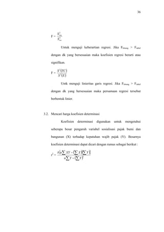 36
F = 2
2
res
reg
S
S
Untuk menguji keberartian regresi. Jika Fhitung > Ftabel
dengan dk yang bersesuaian maka koefisien regresi berarti atau
signifikan.
F =
( )
( )ES
TCS
2
2
Untk menguji linieritas garis regresi. Jika Fhitung > Ftabel
dengan dk yang bersesuaian maka persamaan regresi tersebut
berbentuk linier.
3.2. Mencari harga koefisien determinasi
Koefisien determinasi digunakan untuk mengetahui
seberapa besar pengaruh variabel sosialisasi pajak bumi dan
bangunan (X) terhadap kepatuhan wajib pajak (Y). Besarnya
koefisien determinasi dapat dicari dengan rumus sebagai berikut :
r2
=
( )( ){ }
( )∑ ∑
∑ ∑∑
−
−
2
YYn
YXXYnb
 