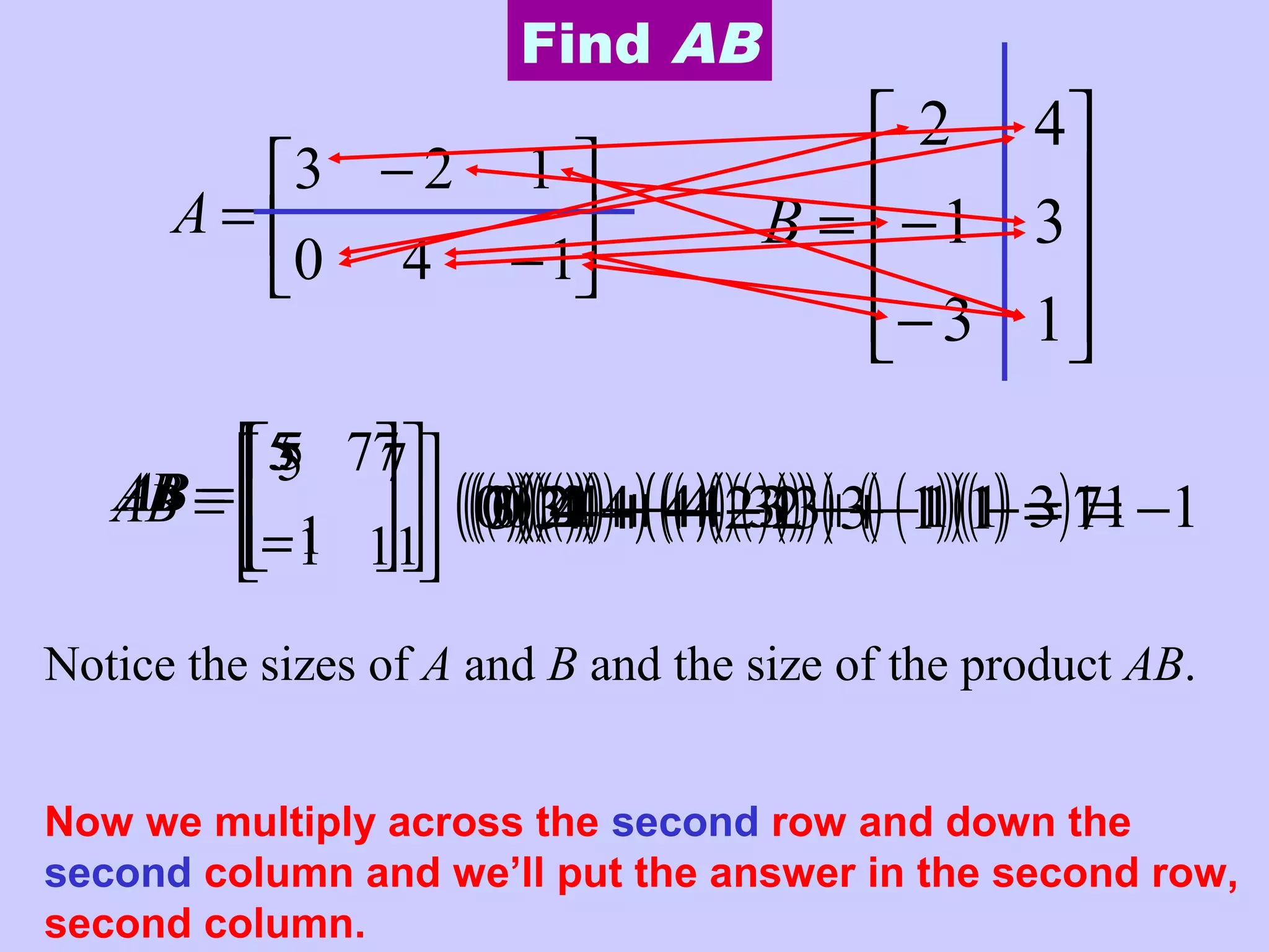 





−
−
=
140
123
A










−
−=
13
31
42
B
Find AB
We multiplied across first row and down first column
so we put the answer in the first row, first column.






=
5
AB
Now we multiply across the first row and down the second
column and we’ll put the answer in the first row, second
column.
( )( )43( )( ) ( )( )3243 −+( )( ) ( )( ) ( )( ) 7113243 =+−+





=
75
AB
Now we multiply across the second row and down the first
column and we’ll put the answer in the second row, first
column.
( )( )20( )( ) ( )( )1420 −+( )( ) ( )( ) ( )( ) 1311420 −=−−+−+





−
=
1
75
AB
Now we multiply across the second row and down the
second column and we’ll put the answer in the second row,
second column.
( )( )40( )( ) ( )( )3440 +( )( ) ( )( ) ( )( ) 11113440 =−++





−
=
111
75
AB
Notice the sizes of A and B and the size of the product AB.
 