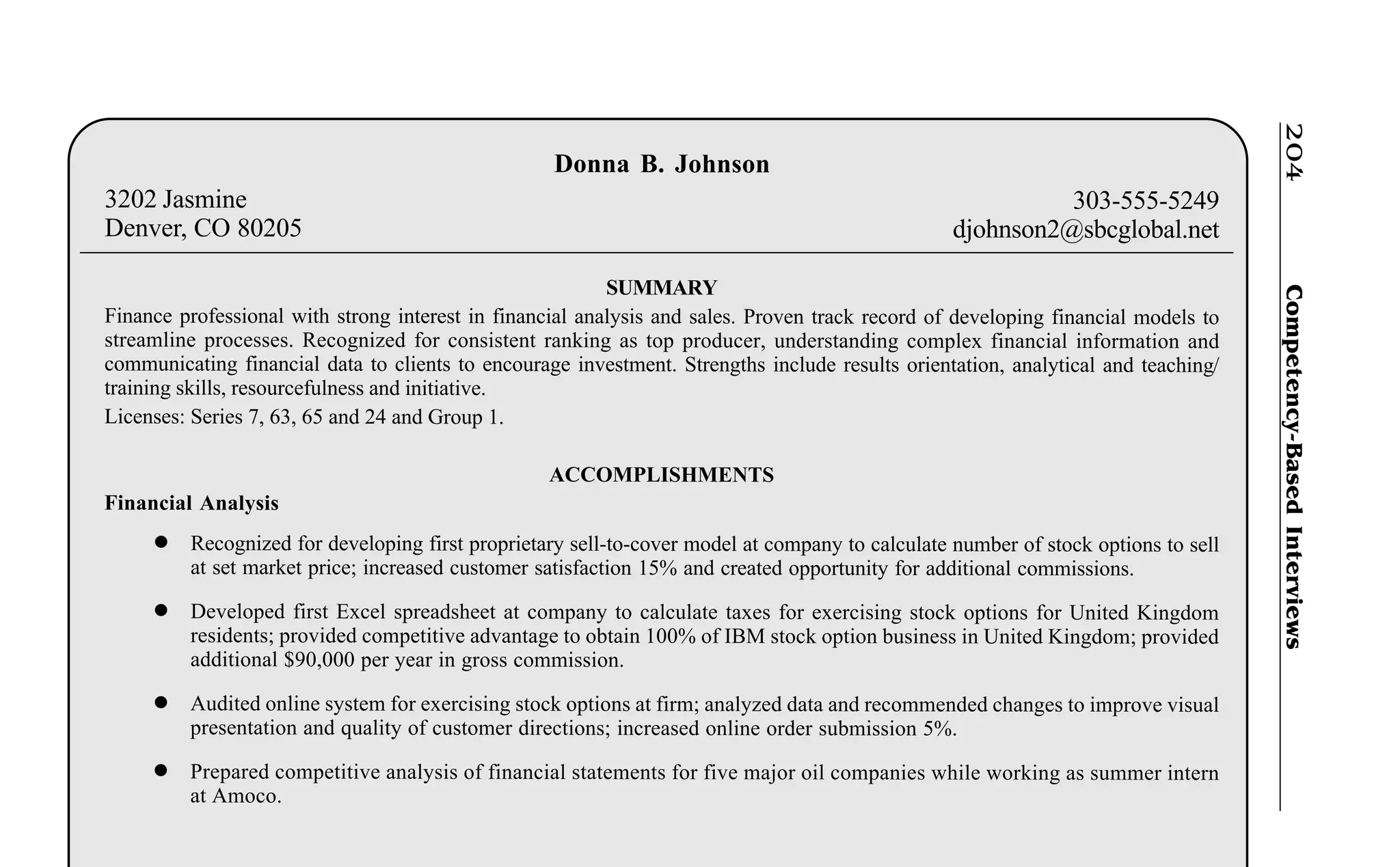 Competency-BasedInterviews204
Donna B. Johnson
3202 Jasmine 303-555-5249
Denver, CO 80205 djohnson2@sbcglobal.net
SUMMARY
Finance professional with strong interest in financial analysis and sales. Proven track record of developing financial models to
streamline processes. Recognized for consistent ranking as top producer, understanding complex financial information and
communicating financial data to clients to encourage investment. Strengths include results orientation, analytical and teaching/
training skills, resourcefulness and initiative.
Licenses: Series 7, 63, 65 and 24 and Group 1.
ACCOMPLISHMENTS
Financial Analysis
l Recognized for developing first proprietary sell-to-cover model at company to calculate number of stock options to sell
at set market price; increased customer satisfaction 15% and created opportunity for additional commissions.
l Developed first Excel spreadsheet at company to calculate taxes for exercising stock options for United Kingdom
residents; provided competitive advantage to obtain 100% of IBM stock option business in United Kingdom; provided
additional $90,000 per year in gross commission.
l Audited online system for exercising stock options at firm; analyzed data and recommended changes to improve visual
presentation and quality of customer directions; increased online order submission 5%.
l Prepared competitive analysis of financial statements for five major oil companies while working as summer intern
at Amoco.
 