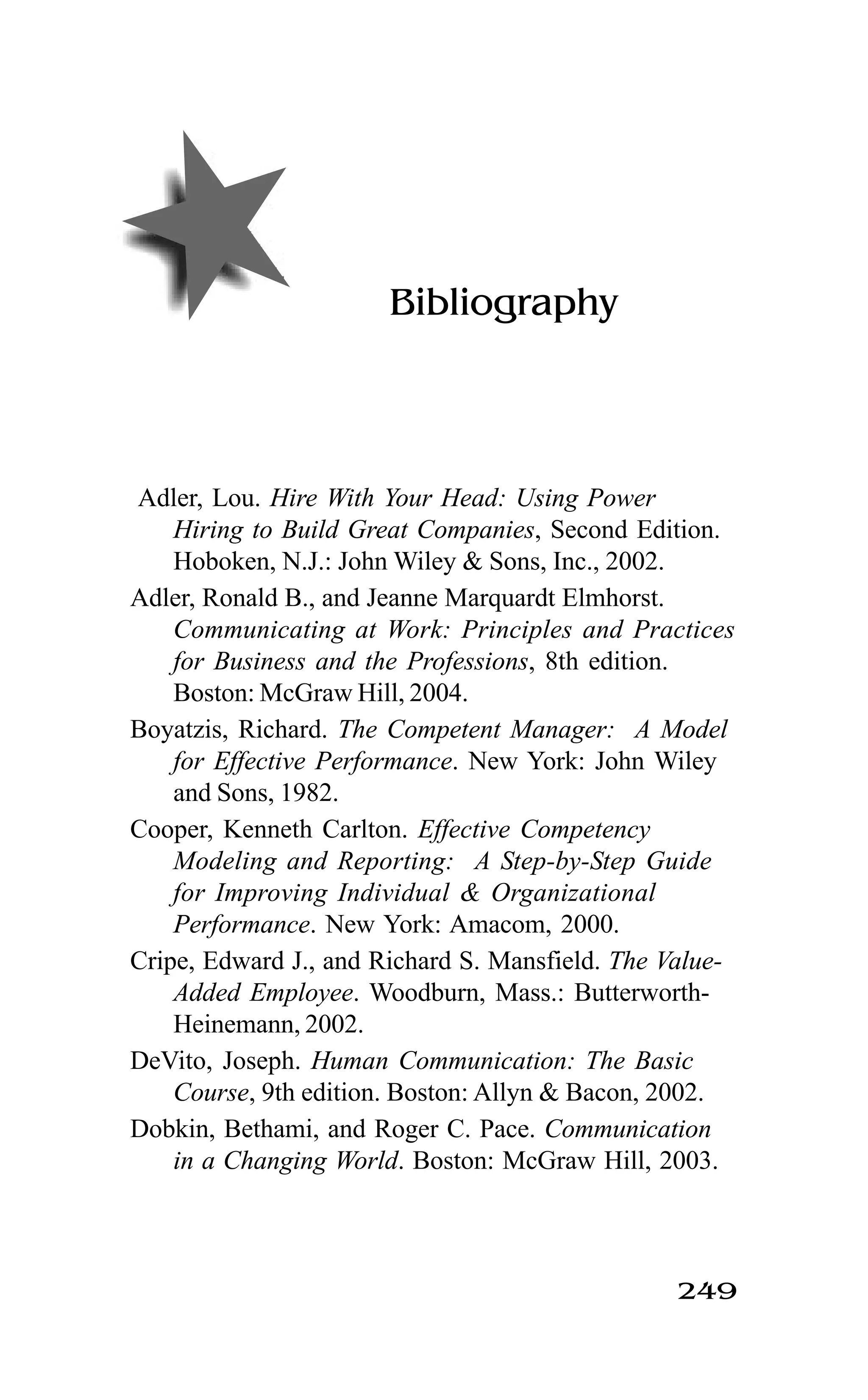 249
Bibliography
Adler, Lou. Hire With Your Head: Using Power
Hiring to Build Great Companies, Second Edition.
Hoboken, N.J.: John Wiley & Sons, Inc., 2002.
Adler, Ronald B., and Jeanne Marquardt Elmhorst.
Communicating at Work: Principles and Practices
for Business and the Professions, 8th edition.
Boston: McGraw Hill, 2004.
Boyatzis, Richard. The Competent Manager: A Model
for Effective Performance. New York: John Wiley
and Sons, 1982.
Cooper, Kenneth Carlton. Effective Competency
Modeling and Reporting: A Step-by-Step Guide
for Improving Individual & Organizational
Performance. New York: Amacom, 2000.
Cripe, Edward J., and Richard S. Mansfield. The Value-
Added Employee. Woodburn, Mass.: Butterworth-
Heinemann, 2002.
DeVito, Joseph. Human Communication: The Basic
Course, 9th edition. Boston: Allyn & Bacon, 2002.
Dobkin, Bethami, and Roger C. Pace. Communication
in a Changing World. Boston: McGraw Hill, 2003.
 