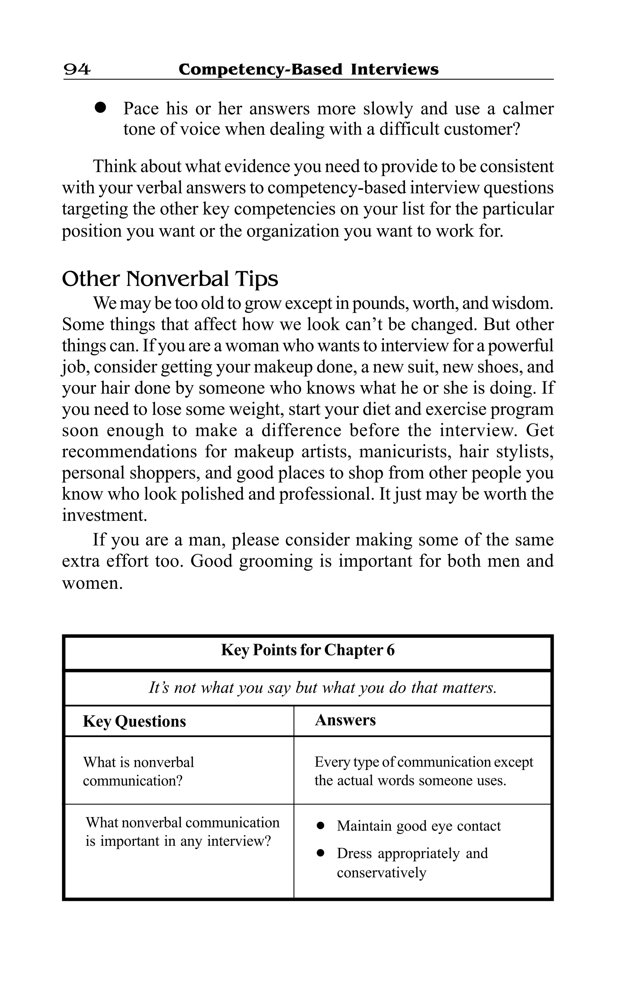 Competency-Based Interviews94
l Pace his or her answers more slowly and use a calmer
tone of voice when dealing with a difficult customer?
Think about what evidence you need to provide to be consistent
with your verbal answers to competency-based interview questions
targeting the other key competencies on your list for the particular
position you want or the organization you want to work for.
Other Nonverbal Tips
We may be too old to grow except in pounds, worth, and wisdom.
Some things that affect how we look can’t be changed. But other
things can. If you are a woman who wants to interview for a powerful
job, consider getting your makeup done, a new suit, new shoes, and
your hair done by someone who knows what he or she is doing. If
you need to lose some weight, start your diet and exercise program
soon enough to make a difference before the interview. Get
recommendations for makeup artists, manicurists, hair stylists,
personal shoppers, and good places to shop from other people you
know who look polished and professional. It just may be worth the
investment.
If you are a man, please consider making some of the same
extra effort too. Good grooming is important for both men and
women.
Key Points for Chapter 6
It’s not what you say but what you do that matters.
l Maintain good eye contact
l Dress appropriately and
conservatively
What nonverbal communication
is important in any interview?
AnswersKey Questions
What is nonverbal
communication?
Every type of communication except
the actual words someone uses.
 
