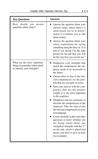 Consider Other Important Interview Tips 111
AnswersKey Questions
How should you answer
questions about salary?
l Answer the question about your
current salary unless there’s a
good reason not to. It doesn’t
matter if it bothers you to talk
about money.
l Answer the question about your
salary expectations by saying
something along the lines of, “I’m
sure if you decide I’m the right
person for the job that you will
do the very best you can for me.”
What are the most important
things to remember when asked
to identify your strengths?
l Emphasize your strengths that
match the competencies the em-
ployer needs to be successful in
the future.
l Choose three or four of the rele-
vant competencies for the posi-
tion that are strengths of yours.
l Start your answer with the com-
petency that has the greatest
weight or is the most important
to the employer.
l Paraphrase and use synonyms to
describe the competencies to the
employer. Take the time to put
the relevant competencies in your
own language.
l Listen carefully to this and other
questions to know whether you
are being asked about one
strength or strengths with the “s”
on the end, which is plural and
means you have to give at least
two examples.
 