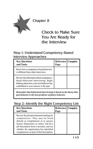 115
Chapter 8
Check to Make Sure
You Are Ready for
the Interview
Step 1: Understand Competency-Based
Interview Approaches
Step 2: Identify the Right Competency List
Review the job advertisement looking for
competencies. They may be listed
directly as competencies or as success
factors, dimensions, or values. Ask for a
job description from a recruiter, and see
whether the organization has identified
competencies as part of that description.
Key Questions
and Tasks
Reference
Page
Complete
Key Questions
and Tasks
Reference
Page
Complete
Knowhowacompetency-basedinterview
is different from other interviews.
Reviewtheinformationaboutcompetency-
based behavioral interviewing. Begin
thinking about how your own behavior has
contributed to your success in the past.
Remember that behavioral interviewing is based on the theory that
past behavior is the best predictor of future behavior.
 