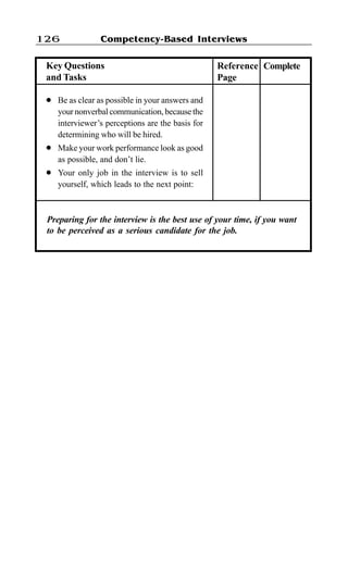 Competency-Based Interviews126
l Be as clear as possible in your answers and
your nonverbal communication, because the
interviewer’s perceptions are the basis for
determining who will be hired.
l Make your work performance look as good
as possible, and don’t lie.
l Your only job in the interview is to sell
yourself, which leads to the next point:
Key Questions
and Tasks
Reference
Page
Complete
Preparing for the interview is the best use of your time, if you want
to be perceived as a serious candidate for the job.
 