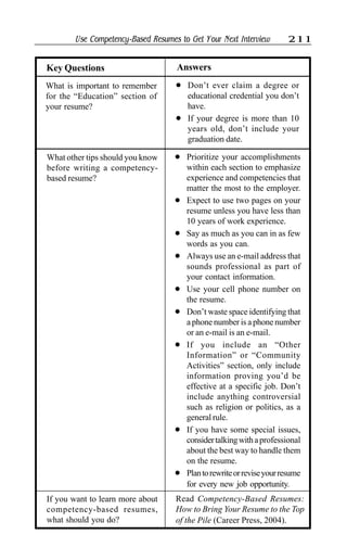 Use Competency-Based Resumes to Get Your Next Interview 211
AnswersKey Questions
l Don’t ever claim a degree or
educational credential you don’t
have.
l If your degree is more than 10
years old, don’t include your
graduation date.
What is important to remember
for the “Education” section of
your resume?
l Prioritize your accomplishments
within each section to emphasize
experience and competencies that
matter the most to the employer.
l Expect to use two pages on your
resume unless you have less than
10 years of work experience.
l Say as much as you can in as few
words as you can.
l Always use an e-mail address that
sounds professional as part of
your contact information.
l Use your cell phone number on
the resume.
l Don’t waste space identifying that
a phone number is a phone number
or an e-mail is an e-mail.
l If you include an “Other
Information” or “Community
Activities” section, only include
information proving you’d be
effective at a specific job. Don’t
include anything controversial
such as religion or politics, as a
general rule.
l If you have some special issues,
considertalkingwithaprofessional
about the best way to handle them
on the resume.
l Plantorewriteorreviseyourresume
for every new job opportunity.
What other tips should you know
before writing a competency-
based resume?
If you want to learn more about
competency-based resumes,
what should you do?
Read Competency-Based Resumes:
How to Bring Your Resume to the Top
of the Pile (Career Press, 2004).
 