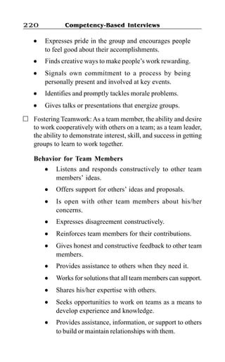 Competency-Based Interviews220
l Expresses pride in the group and encourages people
to feel good about their accomplishments.
l Finds creative ways to make people’s work rewarding.
l Signals own commitment to a process by being
personally present and involved at key events.
l Identifies and promptly tackles morale problems.
l Gives talks or presentations that energize groups.
Fostering Teamwork:As a team member, the ability and desire
to work cooperatively with others on a team; as a team leader,
the ability to demonstrate interest, skill, and success in getting
groups to learn to work together.
Behavior for Team Members
l Listens and responds constructively to other team
members’ ideas.
l Offers support for others’ ideas and proposals.
l Is open with other team members about his/her
concerns.
l Expresses disagreement constructively.
l Reinforces team members for their contributions.
l Gives honest and constructive feedback to other team
members.
l Provides assistance to others when they need it.
l Works for solutions that all team members can support.
l Shares his/her expertise with others.
l Seeks opportunities to work on teams as a means to
develop experience and knowledge.
l Provides assistance, information, or support to others
to build or maintain relationships with them.
 