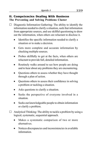 Appendix A 229
II. Competencies Dealing With Business
The Preventing and Solving Problems Cluster
Diagnostic Information Gathering: The ability to identify the
information needed to clarify a situation, seek that information
from appropriate sources, and use skillful questioning to draw
out the information, when others are reluctant to disclose it.
l Identifies the specific information needed to clarify a
situation or to make a decision.
l Gets more complete and accurate information by
checking multiple sources.
l Probes skillfully to get at the facts, when others are
reluctant to provide full, detailed information.
l Routinely walks around to see how people are doing
and to hear about any problems they are encountering.
l Questions others to assess whether they have thought
through a plan of action.
l Questions others to assess their confidence in solving
a problem or tackling a situation.
l Asks questions to clarify a situation.
l Seeks the perspective of everyone involved in a
situation.
l Seeks out knowledgeable people to obtain information
or clarify a problem.
Analytical Thinking: The ability to tackle a problem by using a
logical, systematic, sequential approach.
l Makes a systematic comparison of two or more
alternatives.
l Notices discrepancies and inconsistencies in available
information.
 