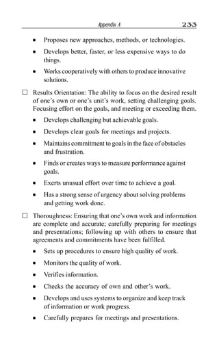 Appendix A 233
l Proposes new approaches, methods, or technologies.
l Develops better, faster, or less expensive ways to do
things.
l Works cooperatively with others to produce innovative
solutions.
Results Orientation: The ability to focus on the desired result
of one’s own or one’s unit’s work, setting challenging goals.
Focusing effort on the goals, and meeting or exceeding them.
l Develops challenging but achievable goals.
l Develops clear goals for meetings and projects.
l Maintains commitment to goals in the face of obstacles
and frustration.
l Finds or creates ways to measure performance against
goals.
l Exerts unusual effort over time to achieve a goal.
l Has a strong sense of urgency about solving problems
and getting work done.
Thoroughness: Ensuring that one’s own work and information
are complete and accurate; carefully preparing for meetings
and presentations; following up with others to ensure that
agreements and commitments have been fulfilled.
l Sets up procedures to ensure high quality of work.
l Monitors the quality of work.
l Verifies information.
l Checks the accuracy of own and other’s work.
l Develops and uses systems to organize and keep track
of information or work progress.
l Carefully prepares for meetings and presentations.
 