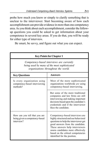 Understand Competency-Based Interview Systems 31
probe how much you know or simply to clarify something that is
unclear to the interviewer. Start becoming aware of how each
accomplishment can provide evidence in more than one competency
area.As you think about each accomplishment, consider the follow-
up questions you could be asked to get information about your
competence in several key areas. If you do that, you will be ready
for either type of interview.
Be smart, be savvy, and figure out what you can expect.
Answers
Key Points for Chapter 1
Competency-based interviews are currently
being used by many of the most sophisticated
organizations throughout the world.
Key Questions
How can you tell that you are
being given a competency-based
interview?
Competency-based interviews are
highly structured and use behavioral
questions to help the interviewer get
good answers from the candidate.
These answers help interviewers
assess candidates more effectively
based on the critical competencies
identified for the position.
Is every organization using
competency-based interviewing
methods?
Most of the more sophisticated
organizations worldwide are using
competency-based interviewing.
But some of the more traditional
companies and law firms are still
interviewing and making important
decisions based upon the candidate’s
credentials and if the interviewer
likes the candidate.
 