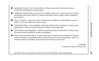 IdentifyKeyCompetencies39
n Intellectual Curiosity—sees the possibilities; willing to experiment; cultivates new ideas;
comfortable with ambiguity and uncertainty
n Collaboration and Teaming—puts interest of enterprise about own; works well across functions
and groups; builds teams effectively; inspires fellowship; instills a global mindset; champions
best practices
n Sense of Urgency—proactively senses and responds to problems and opportunities; works to
reduce “cycle” time; takes action when needed
n Prudent Risk-taking—inner confidence to take risks and learn from experience; courage to grab
opportunities or shed non-viable businesses; willing to make tough calls
n Self-awareness and Adaptability—resilient; has personal modesty and humility; willing to learn
from others; patient, optimistic, flexible, and adaptable
n Results and Performance Driven—assumes personal ownership and accountability for business
results and solutions; consistently delivers results that meet or exceed expectations; makes the
customer central to all thinking; keeps the focus on driving customer value
v2.02/08/06
© Johnson & Johnson Services, Inc.
Reprinted with the permission of Johnson & Johnson Strategic Talent Management
 
