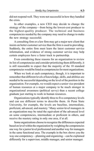 Identify Key Competencies 43
did not respond well. They were not successful in how they handled
the crisis.
In other examples, a new CEO may decide to change the
strategy of the company—from being the lowest-cost producer to
the highest-quality producer. The technical and business
competencies needed by the company may need to change to make
the new strategy successful.
A consulting firm or a law firm may get a major new client that
insists on better customer service than the firm is used to providing.
Suddenly, the entire firm must learn the latest customer service
information, and evidence of strong customer service may help
certain employees have a faster track to partnership.
Even considering these reasons for an organization to review
its list of competencies and consider prioritizing them differently, it
is still reasonable to expect that the majority of the 10 standard
competencieswouldbelistedascompetenciesformostorganizations.
When we look at each competency, though, it is important to
remember that different levels of knowledge, skills, and abilities are
needed to be successful depending on the level of the position in the
organization. For example, we would expect a senior vice president
of human resources at a major company to be much stronger in
organizational awareness (political savvy) than a recent college
graduate just starting to work in human resources.
Organizations typically identify three to five competency levels
and can use different terms to describe them. At Penn State
University, for example, the levels are baseline, intermediate,
proficient, advanced, and mastery.1
Many senior-level managers in
an organization may be rated the equivalent of the advanced level
on some competencies, intermediate or proficient in others, and
receive the mastery rating in only one area, if at all.
Some organizations choose to recognize the differences expected
based on level within the organization by weighting the competencies
one way for a junior level professional and another way for managers
in the same functional area. The example in the box shows you the
way one competency—planning and organizing—can be explained
differently for a supervisor, middle manager, and senior manager.
 