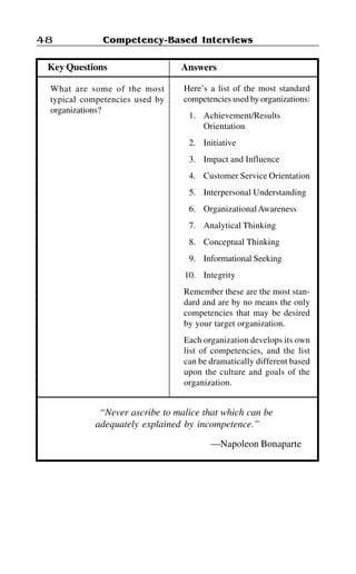 Competency-Based Interviews48
“Never ascribe to malice that which can be
adequately explained by incompetence.”
—Napoleon Bonaparte
AnswersKey Questions
What are some of the most
typical competencies used by
organizations?
Here’s a list of the most standard
competencies used by organizations:
1. Achievement/Results
Orientation
2. Initiative
3. Impact and Influence
4. Customer Service Orientation
5. Interpersonal Understanding
6. OrganizationalAwareness
7. Analytical Thinking
8. Conceptual Thinking
9. Informational Seeking
10. Integrity
Remember these are the most stan-
dard and are by no means the only
competencies that may be desired
by your target organization.
Each organization develops its own
list of competencies, and the list
can be dramatically different based
upon the culture and goals of the
organization.
 