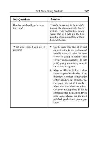 Look Like a Strong Candidate 97
AnswersKey Questions
What else should you do to
prepare?
l Go through your list of critical
competencies for the position and
identify what you think the inter-
viewer is going to notice—both
verbally and nonverbally—to help
justify giving you a strong rating in
each competency area.
l Make an effort to look as profes-
sional as possible the day of the
interview. Consider losing weight
or buying a new suit or shirt or tie.
Get your hair cut if it needs it.
Make sure your shoes are shined.
Get your makeup done if that is
appropriate for the position. If you
need some advice, ask the most
polished professional person you
know.
How honest should you be in an
interview?
There’s no reason to be brutally
honest. Be diplomatically honest
instead. Try to explain things using
words that will help put the best
possible spin on something without
being dishonest.
 
