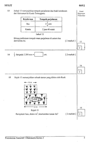 SULIT 015/2
13 Jadual 13 menunjukkantempoh perjalanan dua buah kenderaan
dari Kemaman ke Kuala Terengganu.
Kenderaan
Bas
Kereta
Tempoh perjalanan
3 — jam
4
2jam40minit
Untiik
Kegunaa/1
Pemeriksa
Jadual 13
Hitung perbezaan tempoh masa perjalanan di antara bas
dan kereta itu. [ 2 markah ]
14 7 daripada 2200 mm - cm. [ 2 markah ]
14
15 Rajah 15 menunjukkan sebuah taman yang dibina oleh Rosli.
<— 6 m —>•
•12m
Rajah 15
Berapakah luas, dalam m2
, keseluruhan taman itu? [ 2 markah ]
15
Pentaksiran Sumertif 3 Matematik Kertas 2
 