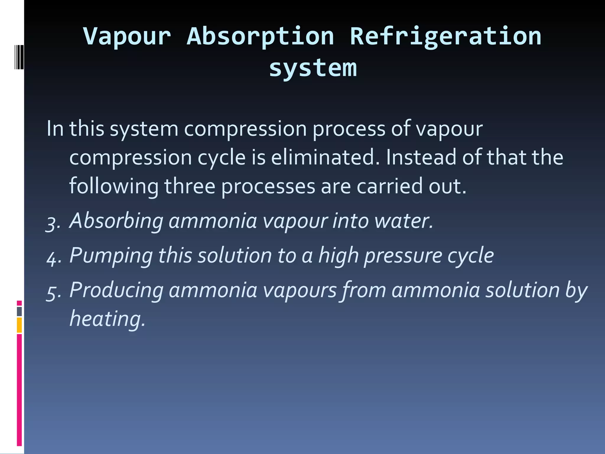 Vapour Absorption Refrigeration system In this system compression process of vapour compression cycle is eliminated. Instead of that the following three processes are carried out. Absorbing ammonia vapour into water. Pumping this solution to a high pressure cycle  Producing ammonia vapours from ammonia solution by heating. 