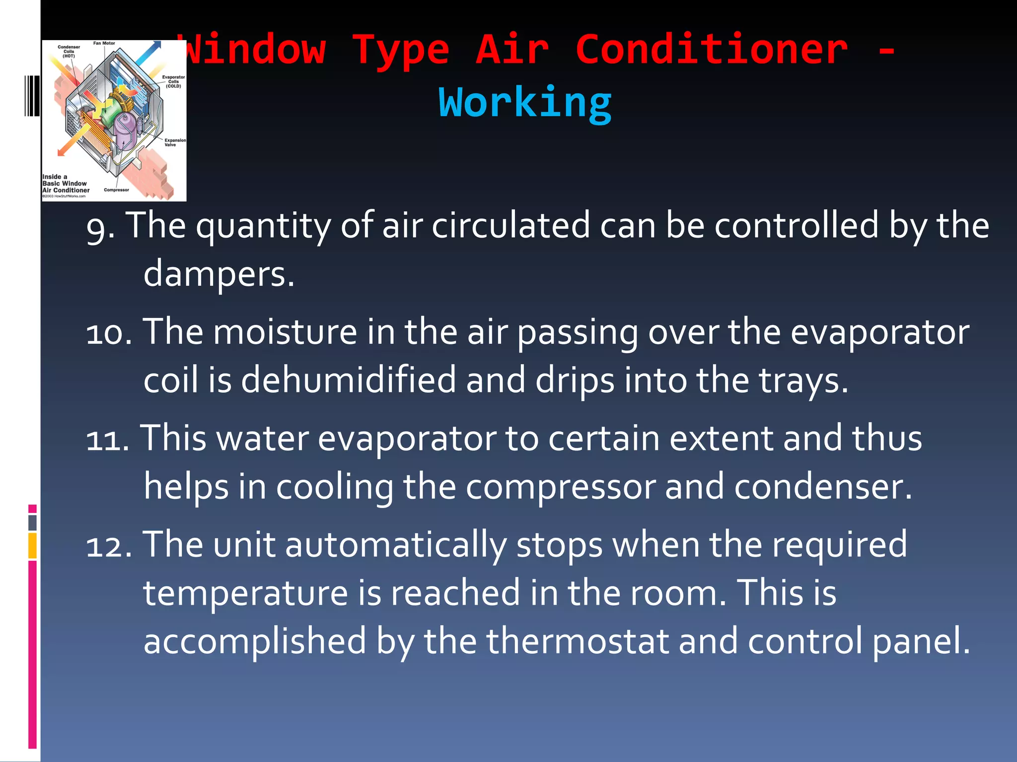 Window Type Air Conditioner -  Working 9. The quantity of air circulated can be controlled by the dampers. 10. The moisture in the air passing over the evaporator coil is dehumidified and drips into the trays. 11. This water evaporator to certain extent and thus helps in cooling the compressor and condenser. 12. The unit automatically stops when the required temperature is reached in the room. This is accomplished by the thermostat and control panel. 