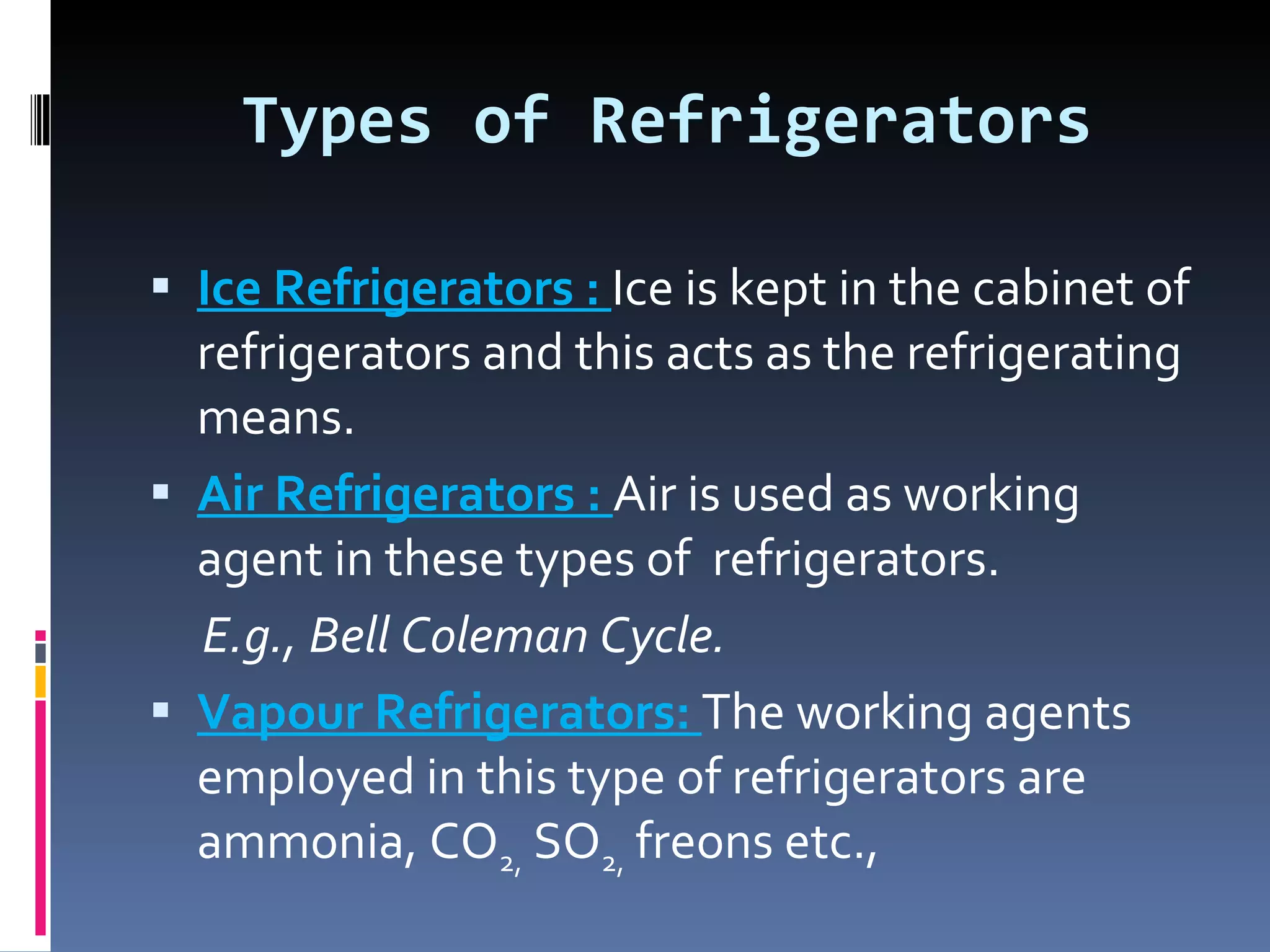 Types of Refrigerators Ice Refrigerators :  Ice is kept in the cabinet of refrigerators and this acts as the refrigerating means. Air Refrigerators :  Air is used as working agent in these types of  refrigerators. E.g., Bell Coleman Cycle. Vapour Refrigerators:   The working agents employed in this type of refrigerators are ammonia, CO 2,  SO 2,  freons etc., 